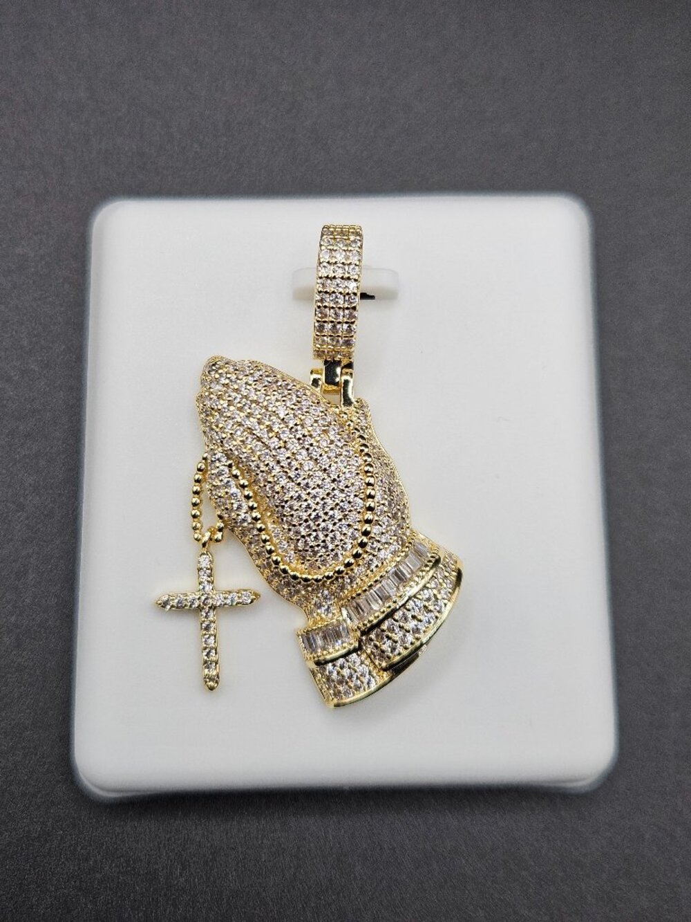 Gold Filled Iced Praying Hands Rosary Pendant CZ